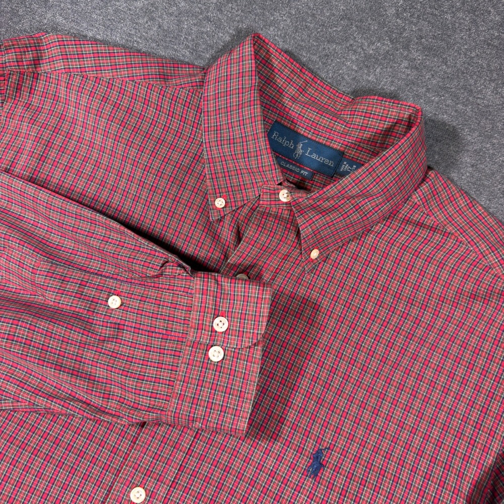 Ralph Lauren Button Down Shirt Men 17 34/35 Red Plaid Classic Fit Long Sleeve